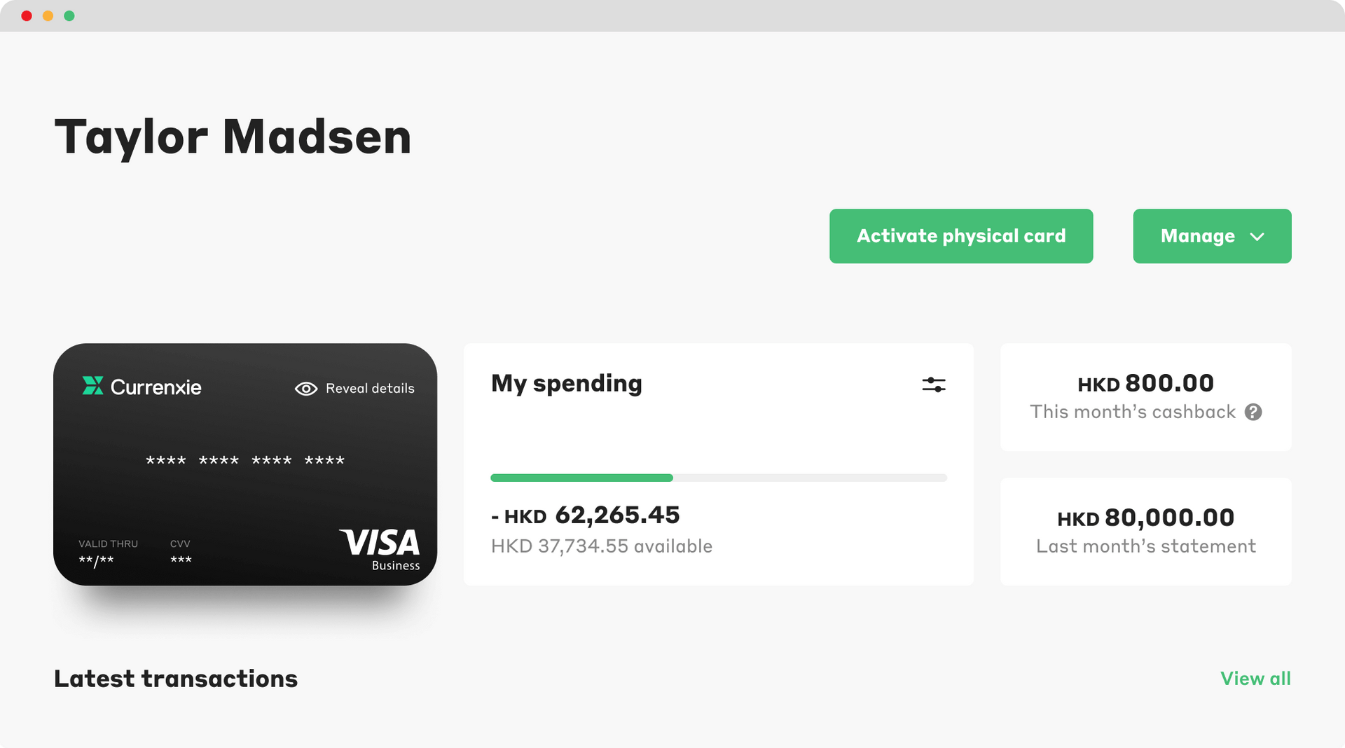 Currenxie app Cards Dashboard screen preview