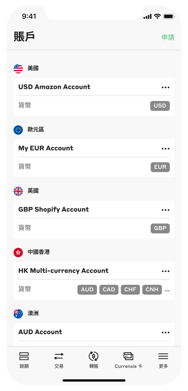 Currenxie app Accounts screen preview