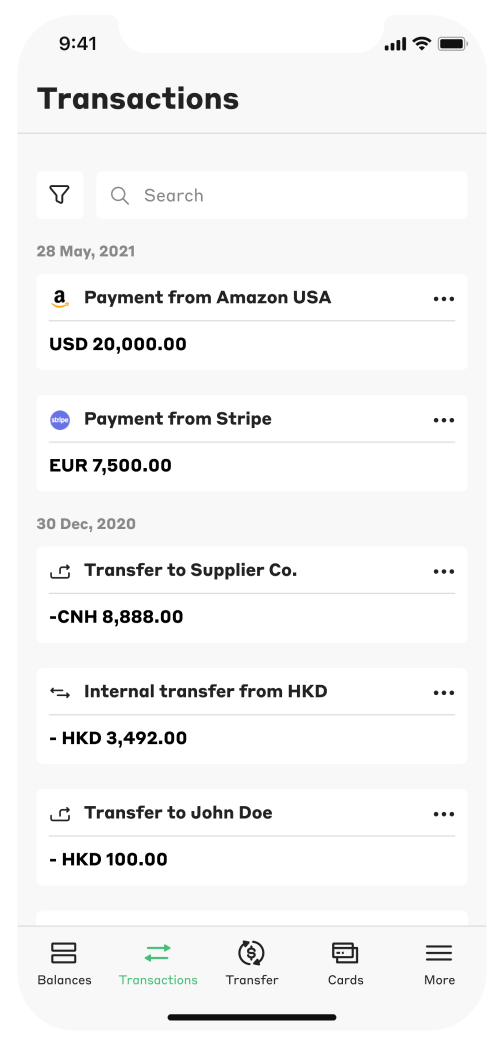 Currenxie app Transactions screen preview